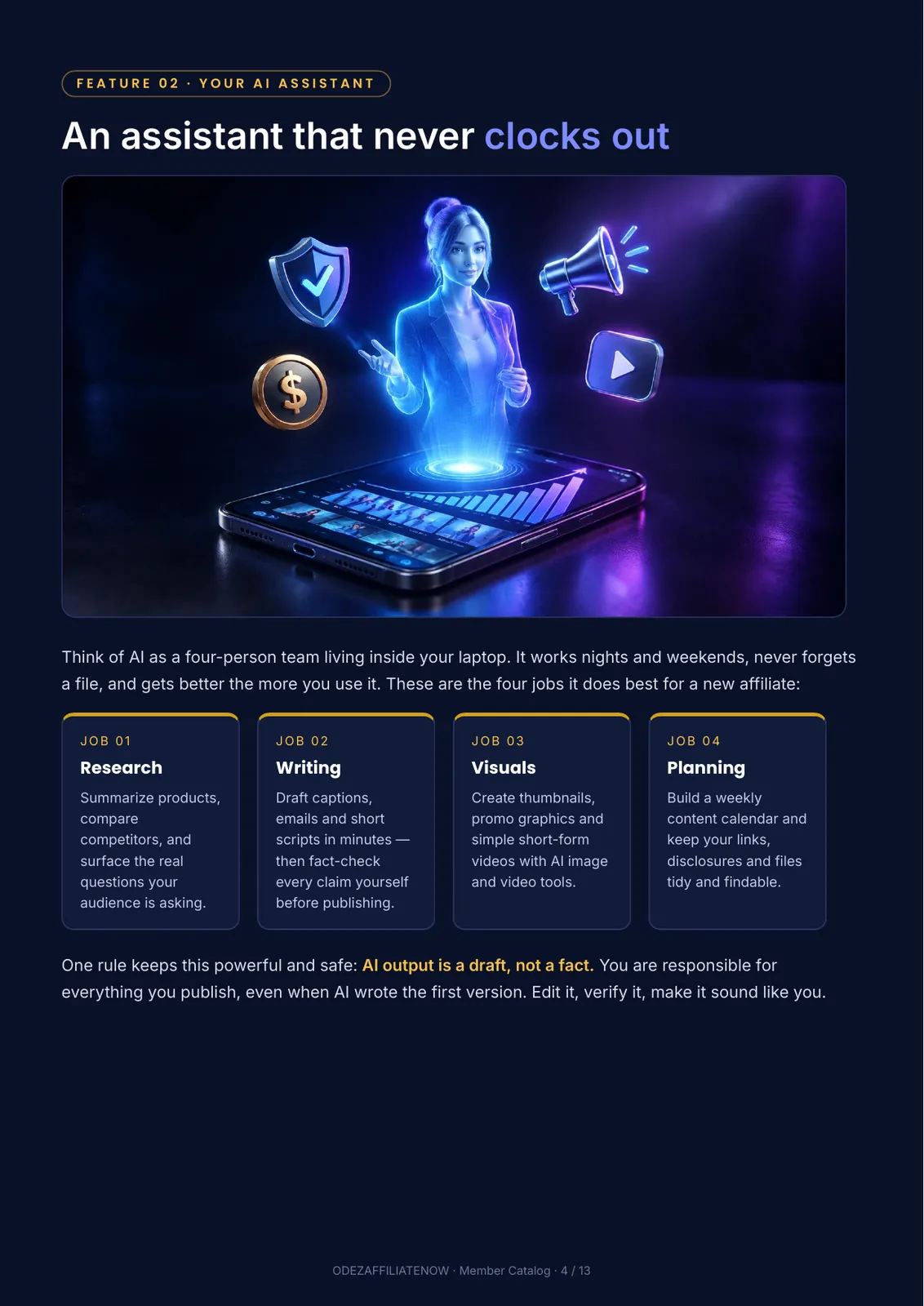 AI assistant illustration representing research, writing, visual creation and planning