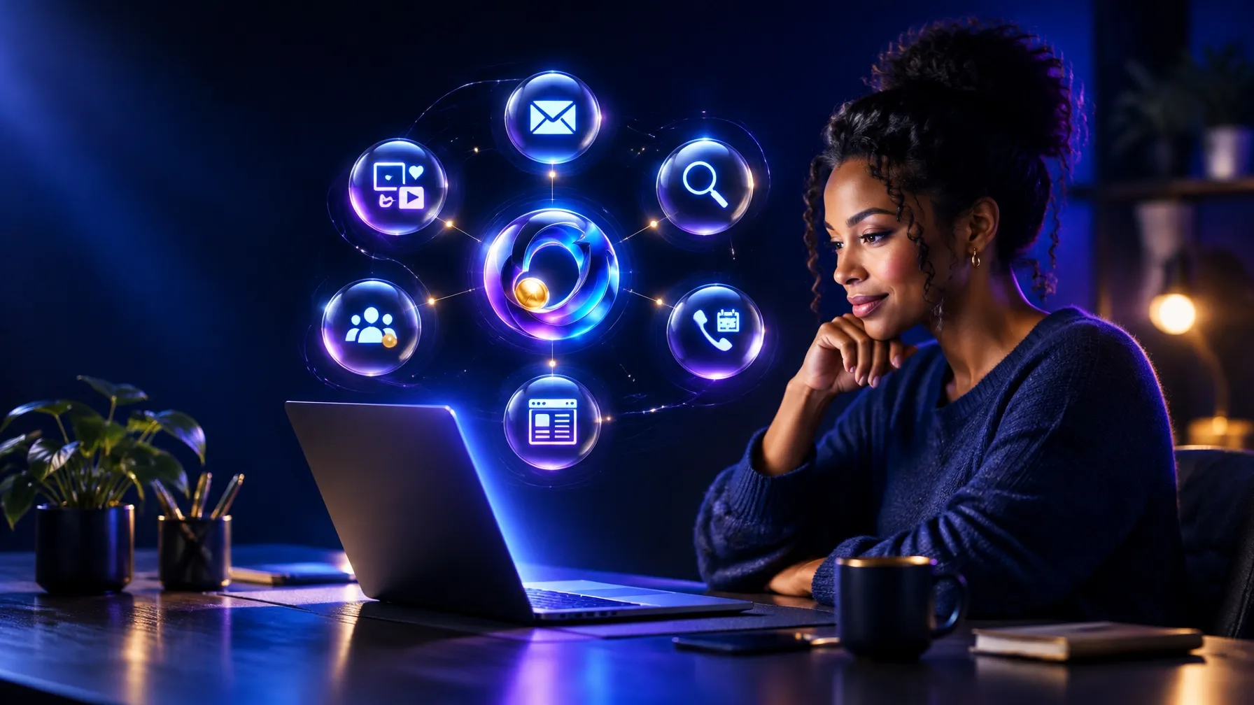 Small-business owner reviewing a hub of AI assistants for email, search, social media, leads, calls and websites