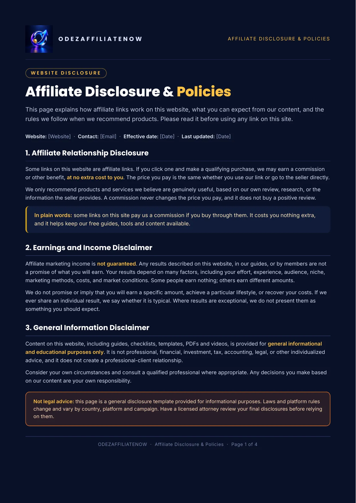 Affiliate Disclosure & Policies page 1: affiliate relationship disclosure, earnings and income disclaimer, and general information disclaimer.