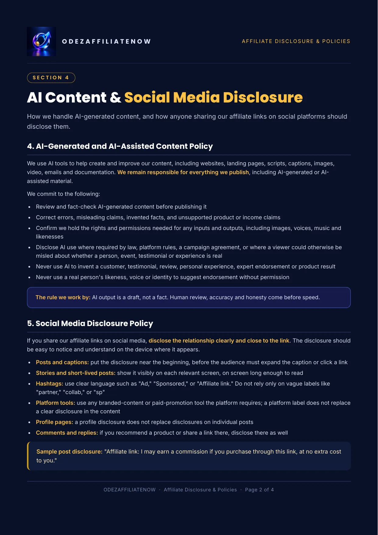 Affiliate Disclosure & Policies page 2: AI-generated and AI-assisted content policy and social media disclosure policy.