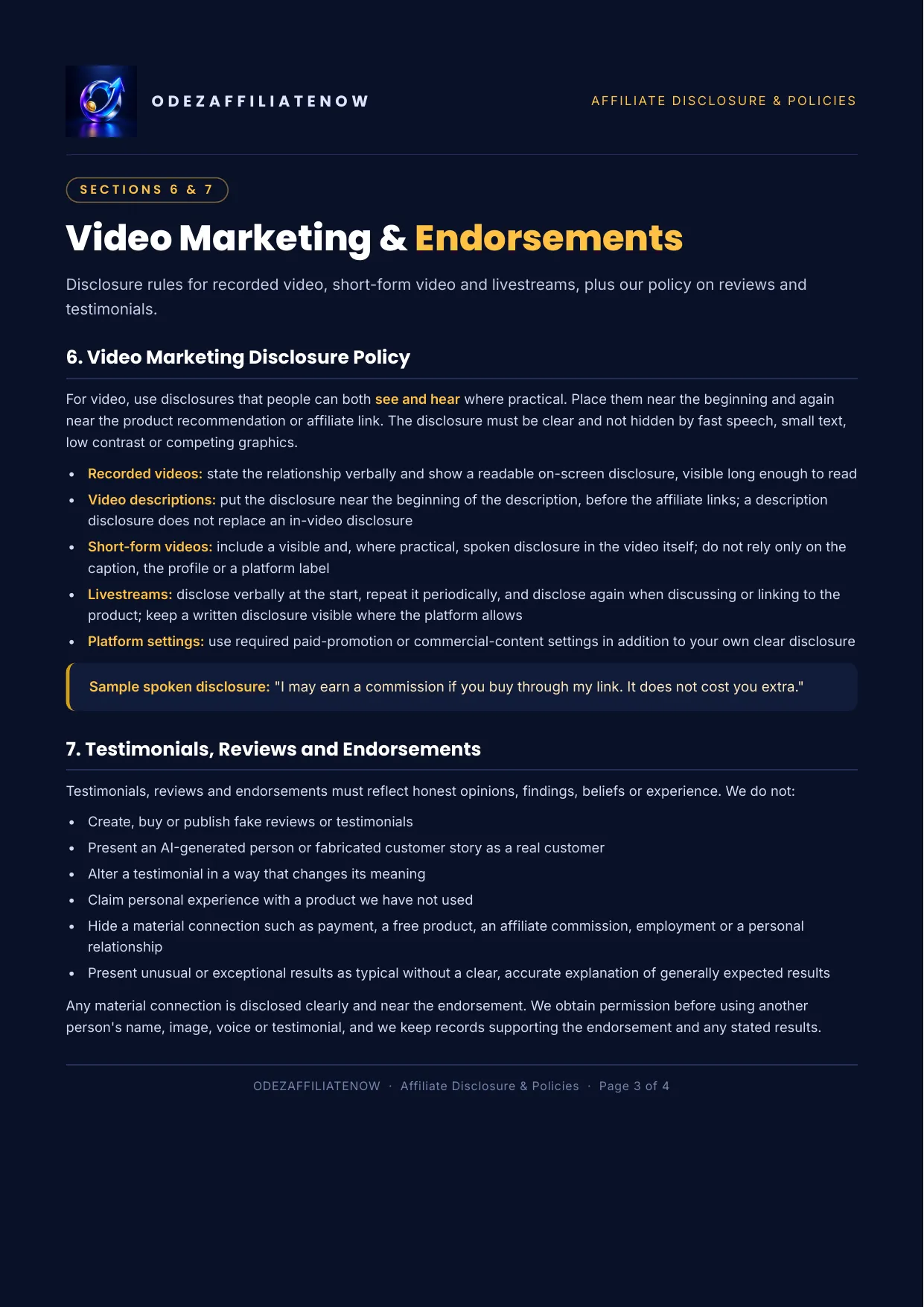 Affiliate Disclosure & Policies page 3: video marketing disclosure policy and testimonials, reviews and endorsements policy.