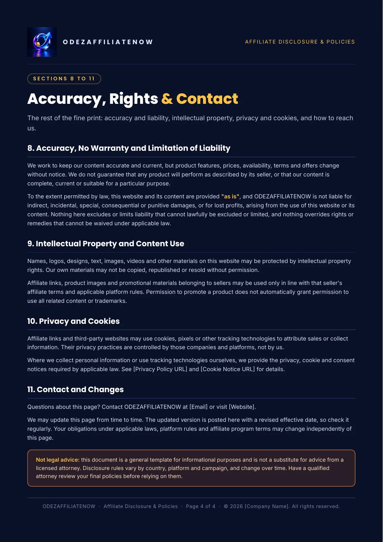 Affiliate Disclosure & Policies page 4: accuracy and limitation of liability, intellectual property, privacy and cookies, and contact and changes.