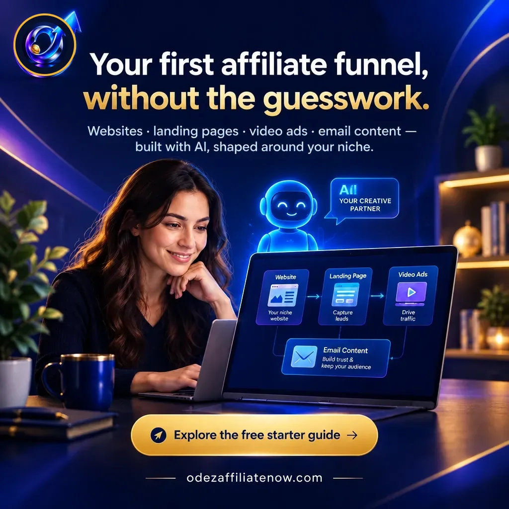 Facebook ad showing a new affiliate marketer at a laptop with website, landing page, video ad and email funnel stages.