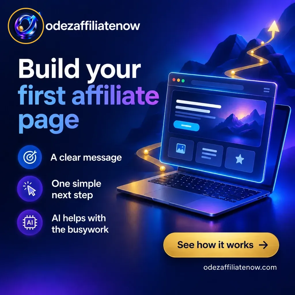 Indigo and gold social card presenting a first affiliate page with a clear message and a simple next step.