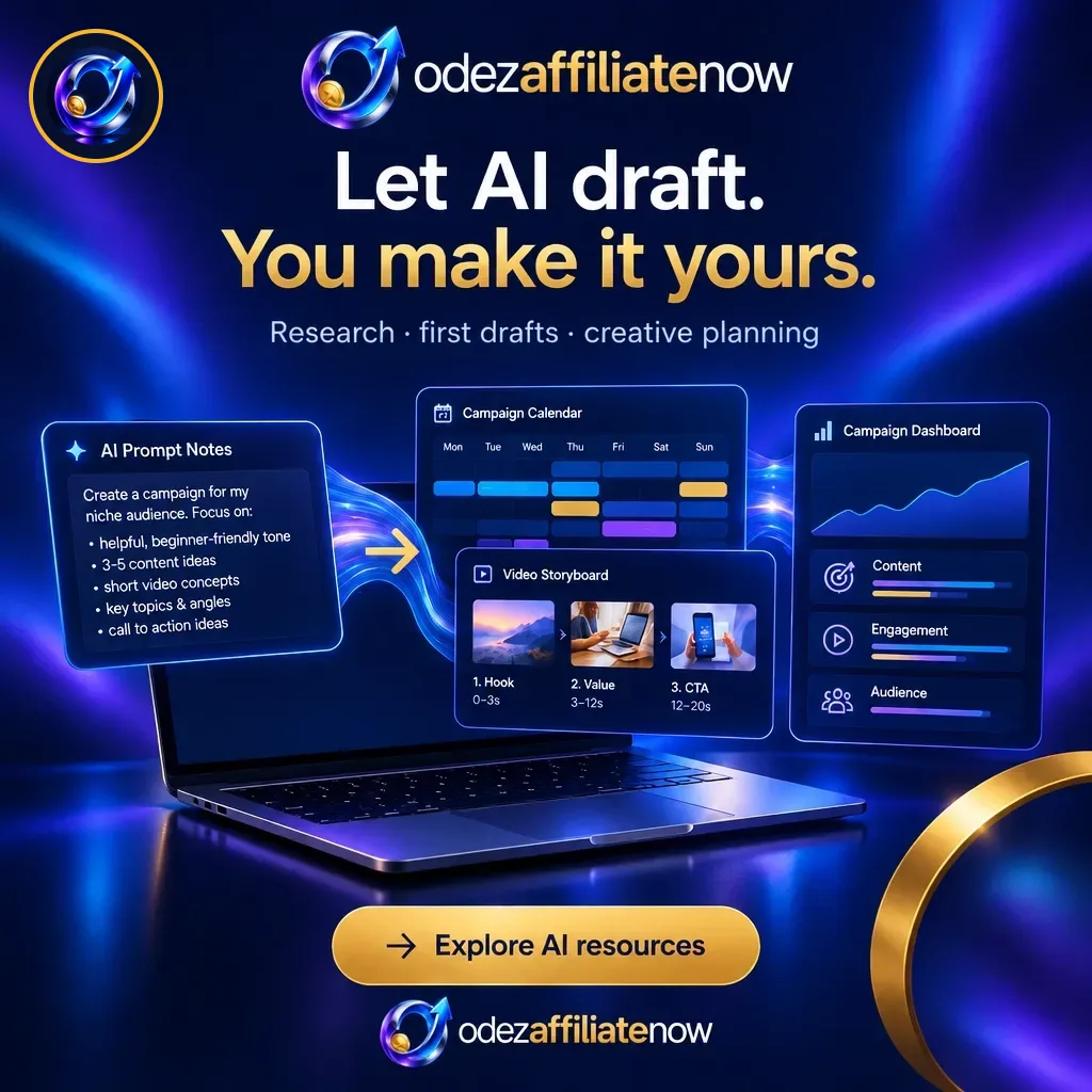AI workflow campaign visual with prompt notes, a campaign calendar, storyboard and dashboard.