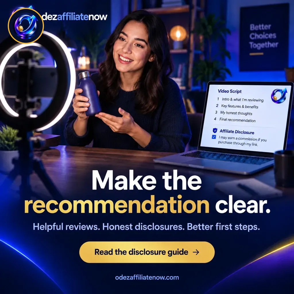 Creator filming a product review beside a laptop showing an affiliate disclosure, with a disclosure-guide call to action.