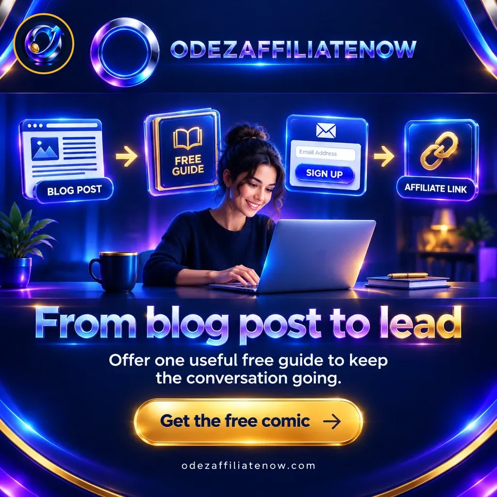 Affiliate funnel social card showing how a blog post can lead to a free guide and email follow-up.