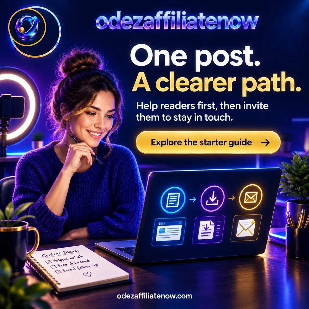Creator at laptop with a helpful article, free downloadable resource and email signup connected as a simple path.