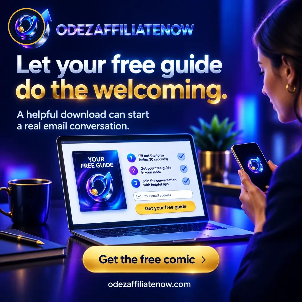 Marketing visual encouraging a free guide to welcome new readers and start an email conversation.