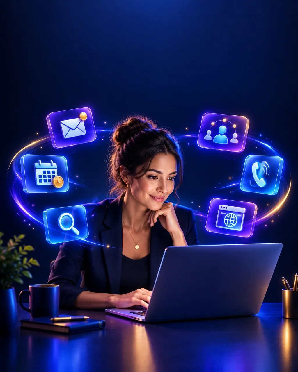Entrepreneur at a laptop surrounded by AI support for email, search, calendar, calls and websites