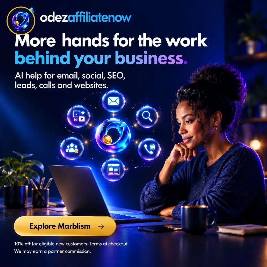 odezaffiliatenow promotional illustration for Marblism's AI team, with a visible partner disclosure and eligible-customer discount note